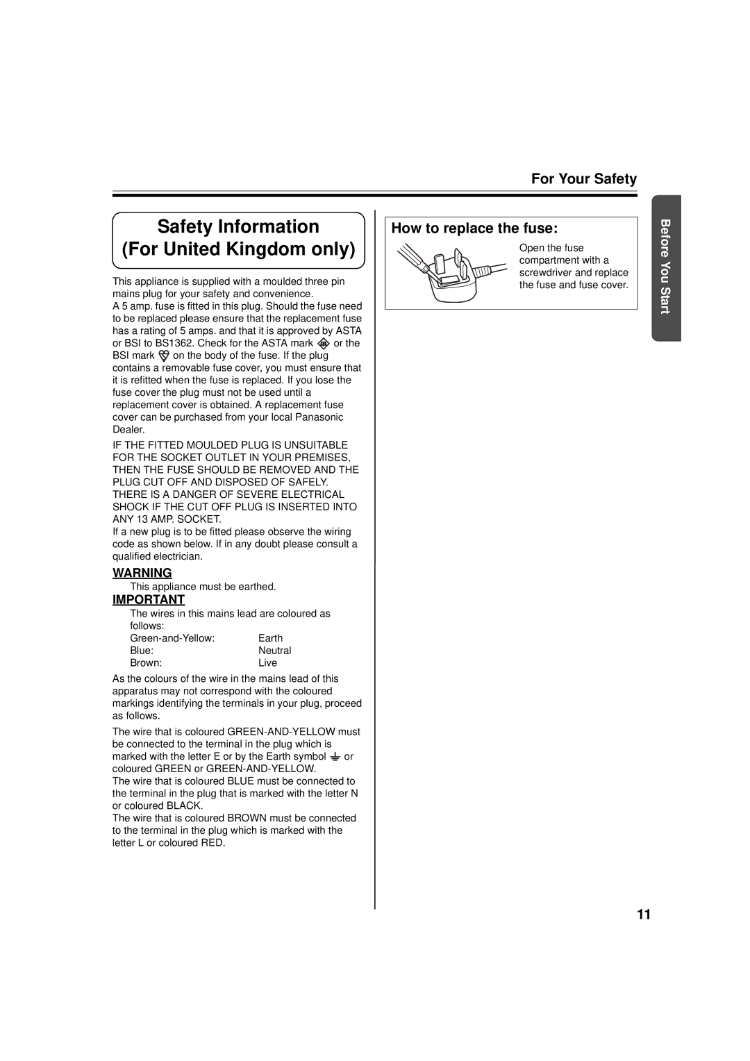 Panasonic UB-5338C, UB-5838C operating instructions Safety Information For United Kingdom only, How to replace the fuse 