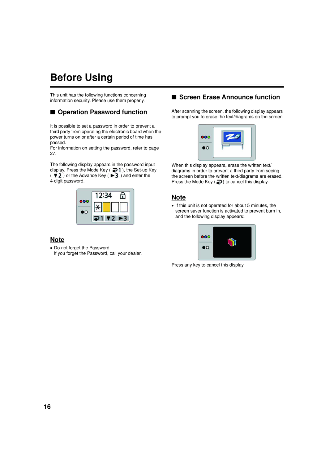 Panasonic UB-5838C, UB-5338C Before Using, Operation Password function, Screen Erase Announce function 