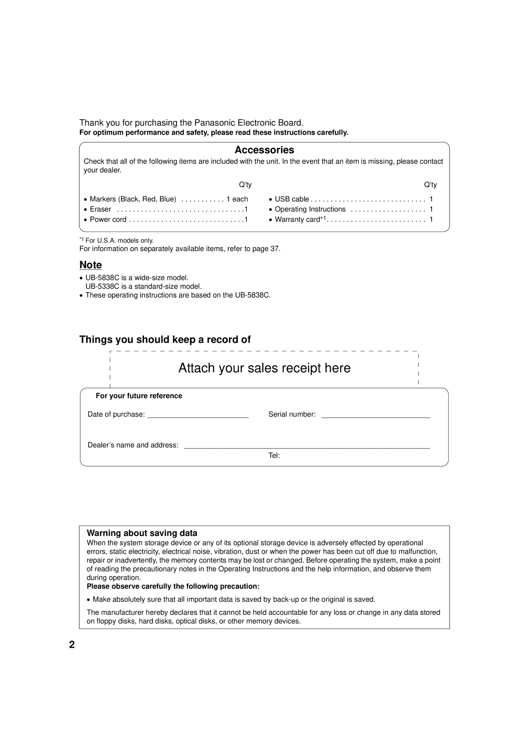 Panasonic UB-5838C, UB-5338C operating instructions Accessories, Things you should keep a record, For your future reference 