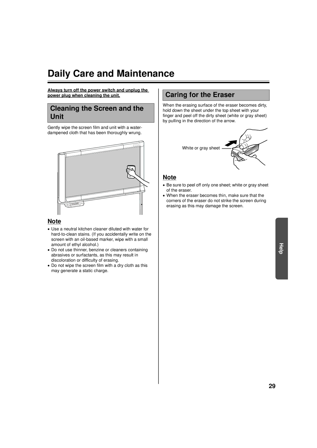 Panasonic UB-5338C, UB-5838C Daily Care and Maintenance, Cleaning the Screen and the Unit, Caring for the Eraser 