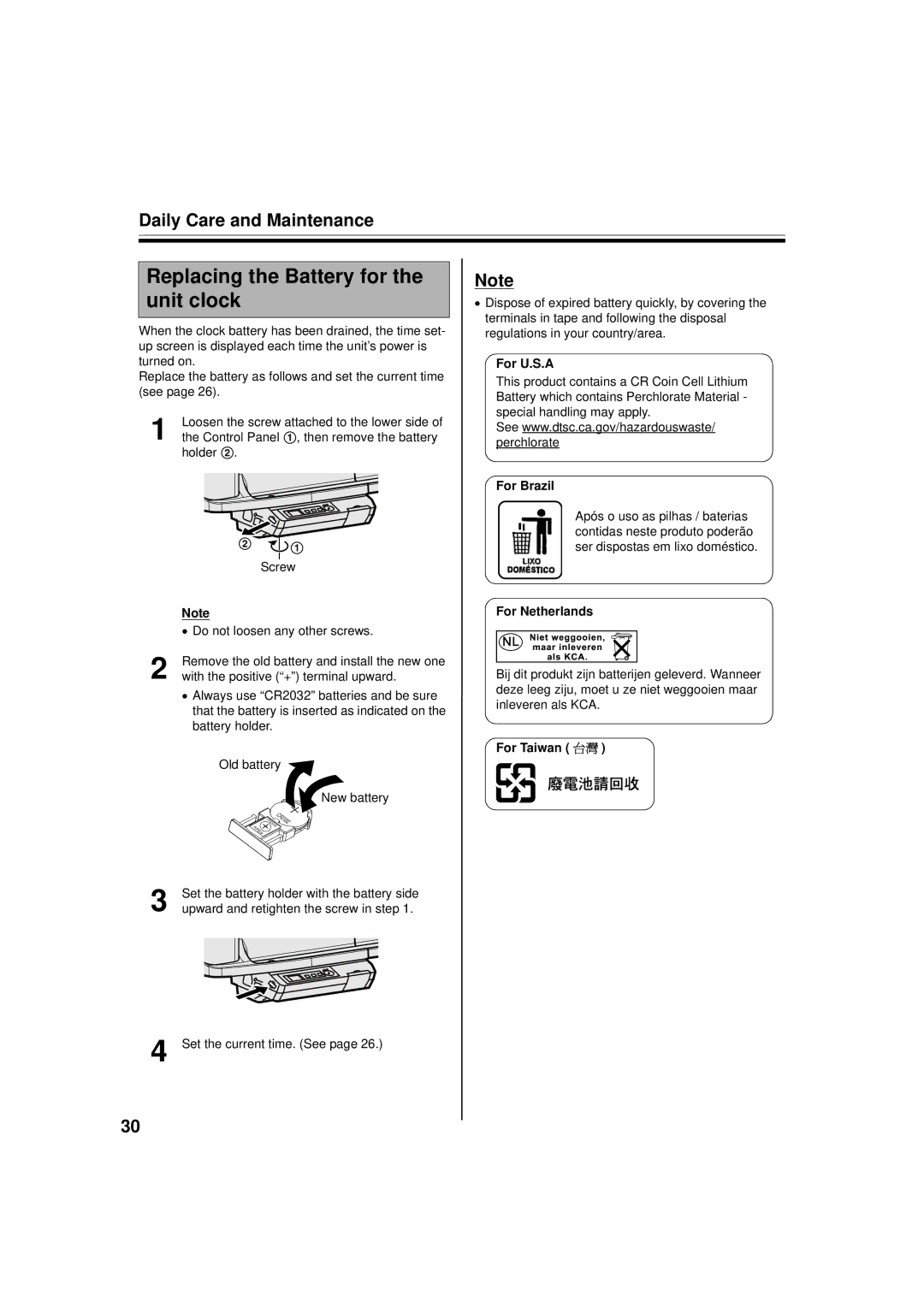 Panasonic UB-5838C, UB-5338C operating instructions Replacing the Battery for the unit clock, Daily Care and Maintenance 