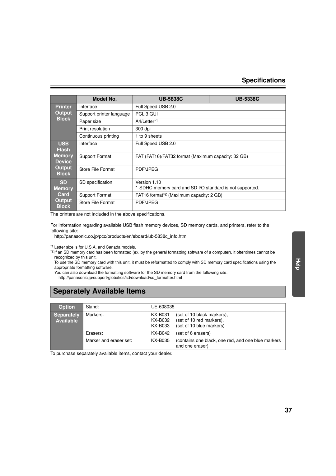 Panasonic UB-5338C, UB-5838C operating instructions Separately Available Items, Specifications 