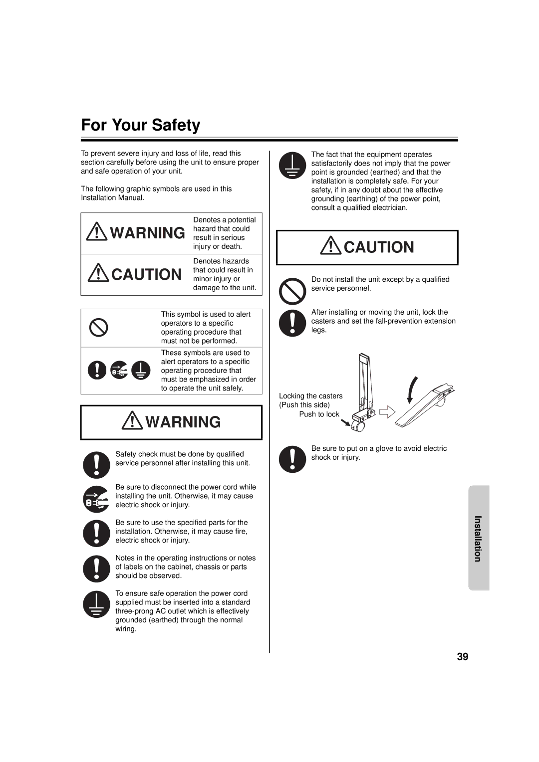 Panasonic UB-5338C, UB-5838C operating instructions For Your Safety 