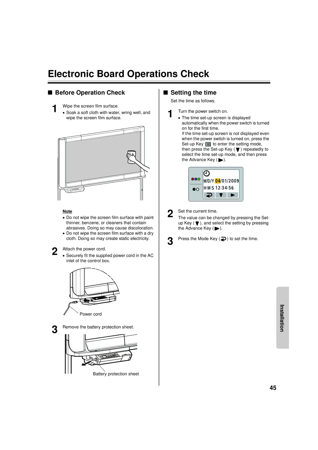 Panasonic UB-5338C, UB-5838C Electronic Board Operations Check, Before Operation Check, Setting the time 