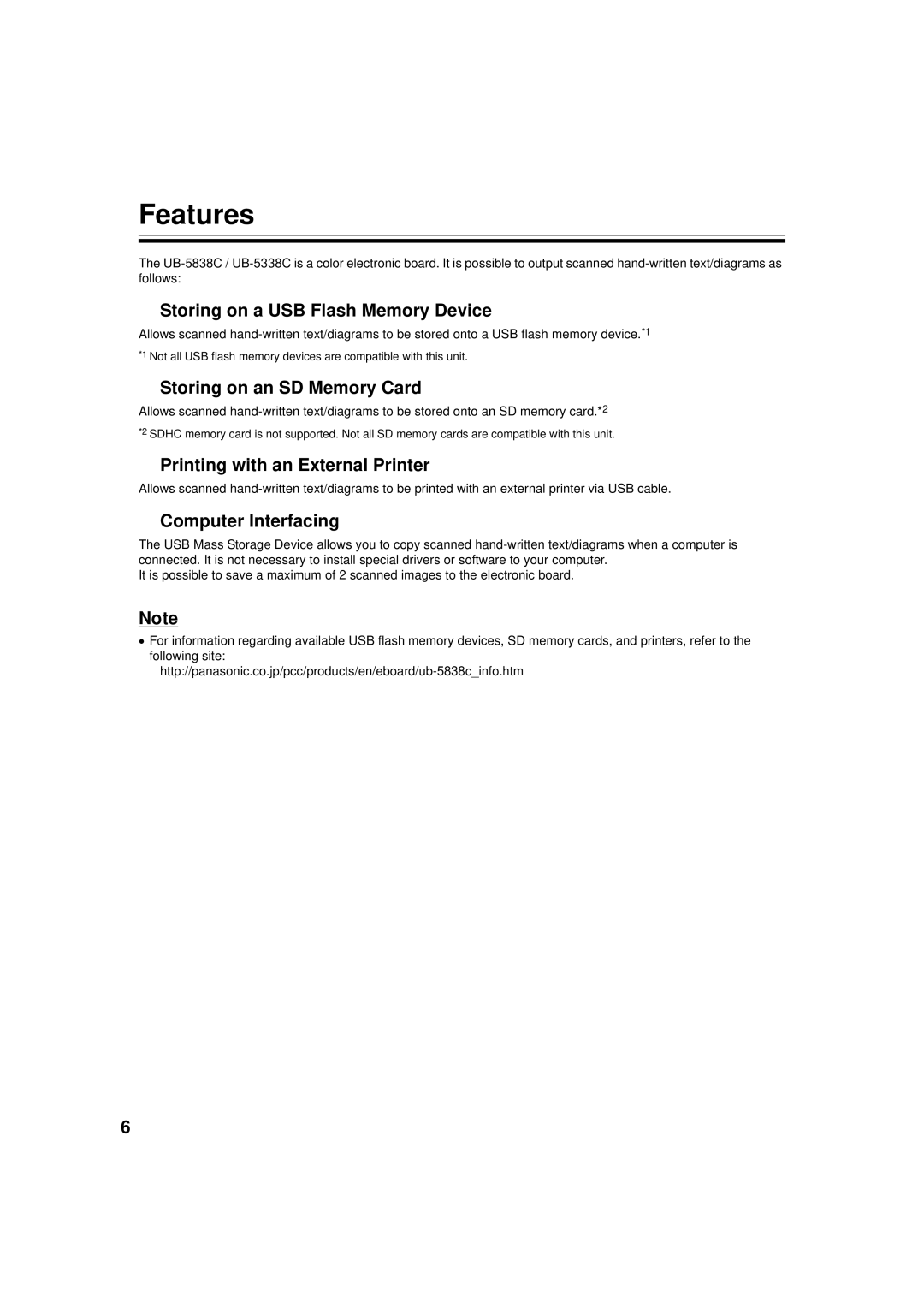 Panasonic UB-5838C Features, Storing on a USB Flash Memory Device, Storing on an SD Memory Card, Computer Interfacing 