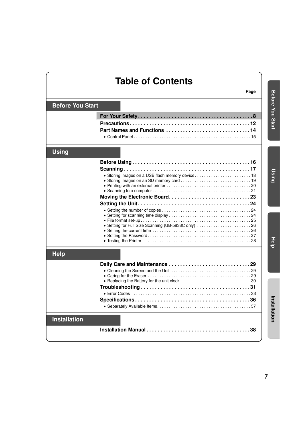 Panasonic UB-5338C, UB-5838C operating instructions Table of Contents 