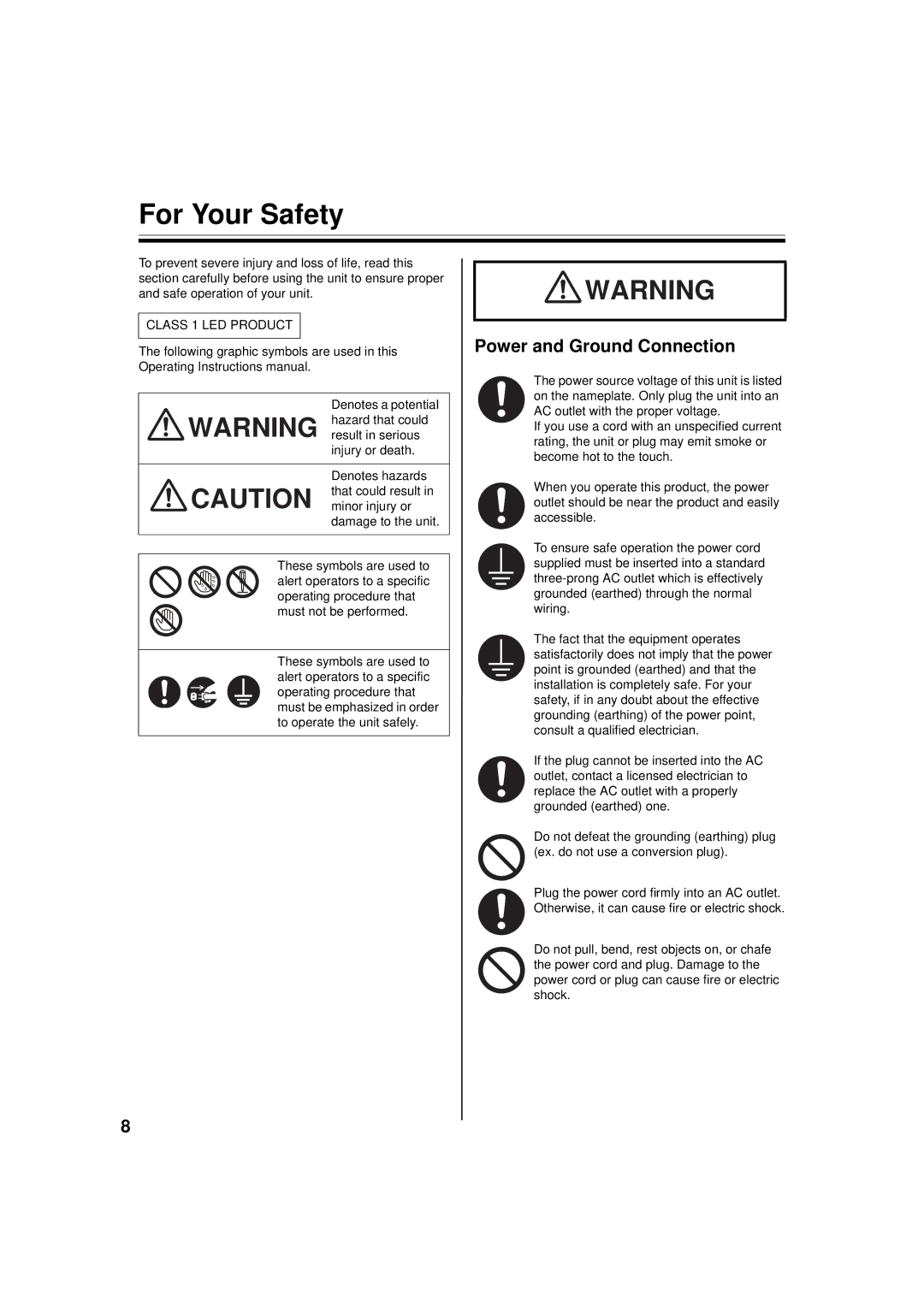 Panasonic UB-5838C, UB-5338C operating instructions For Your Safety, Power and Ground Connection 