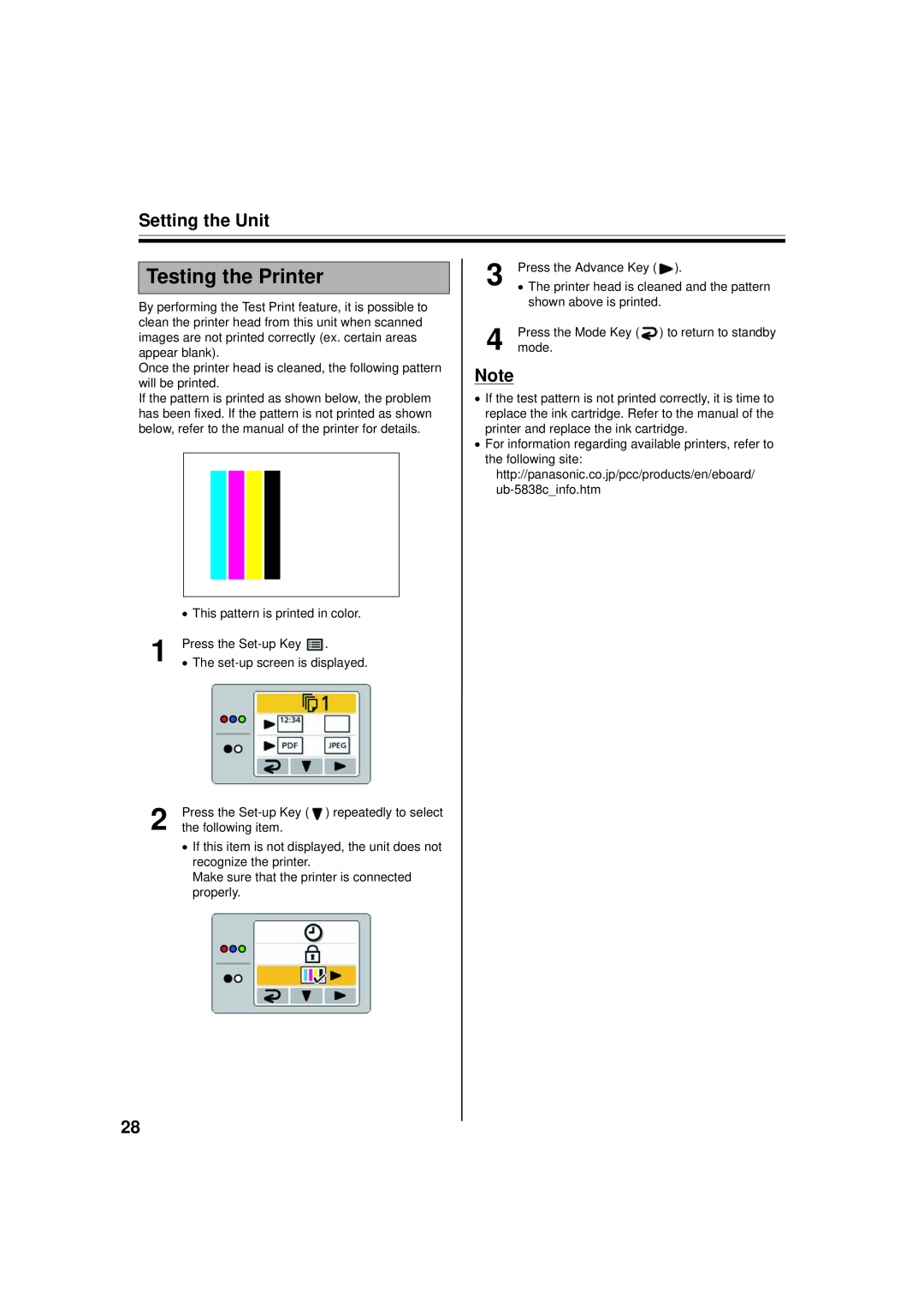 Panasonic UB-5838C, UB-5338C operating instructions Testing the Printer, Setting the Unit 