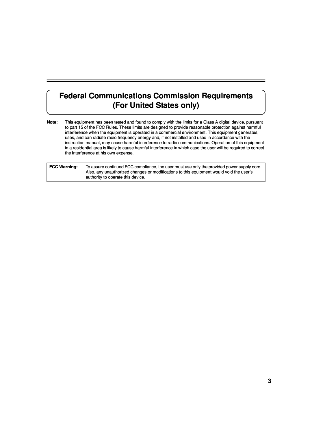 Panasonic UB-5338C, UB-5838C operating instructions Federal Communications Commission Requirements For United States only 
