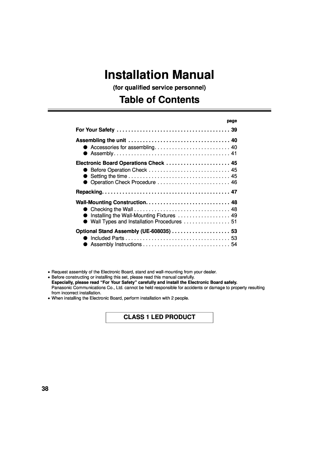 Panasonic UB-5838C, UB-5338C for qualified service personnel, CLASS 1 LED PRODUCT, Installation Manual, Table of Contents 