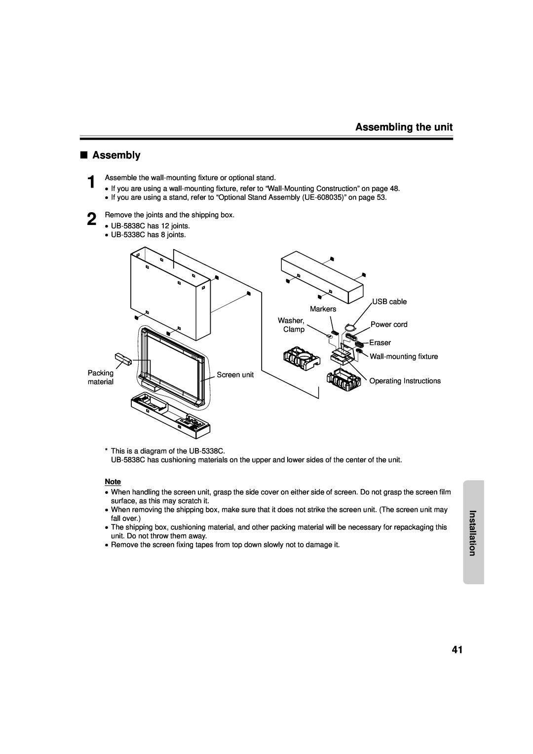 Panasonic UB-5338C, UB-5838C operating instructions Assembling the unit Assembly, Eraser Wall-mounting fixture 