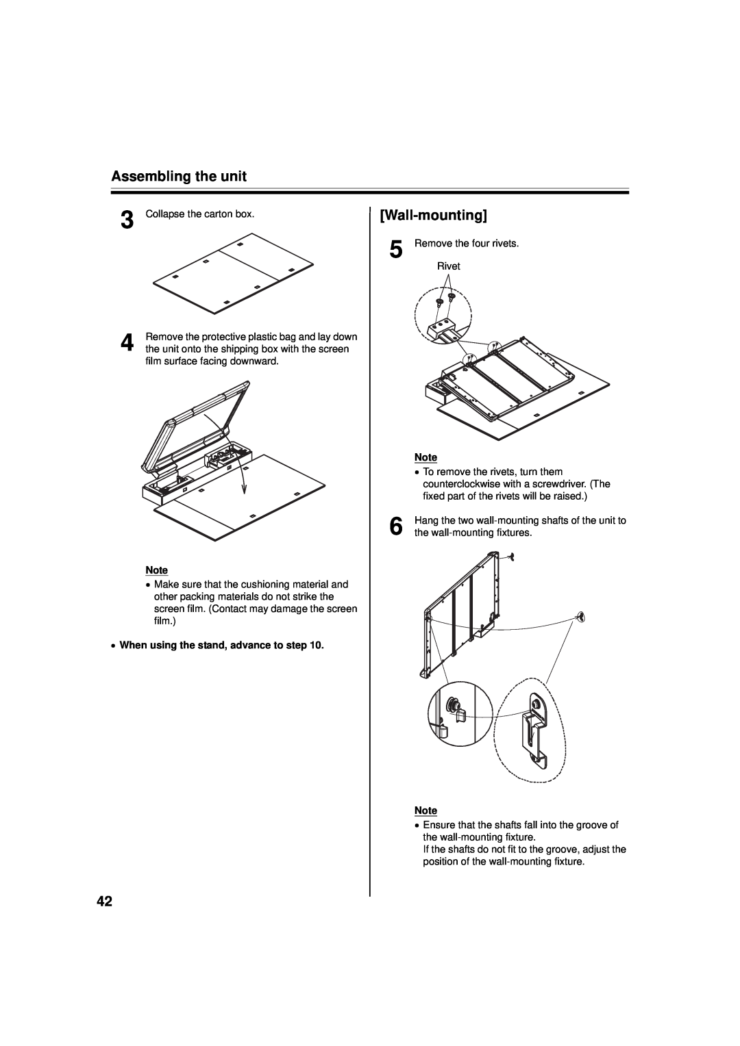 Panasonic UB-5838C, UB-5338C Assembling the unit, Wall-mounting, When using the stand, advance to step 
