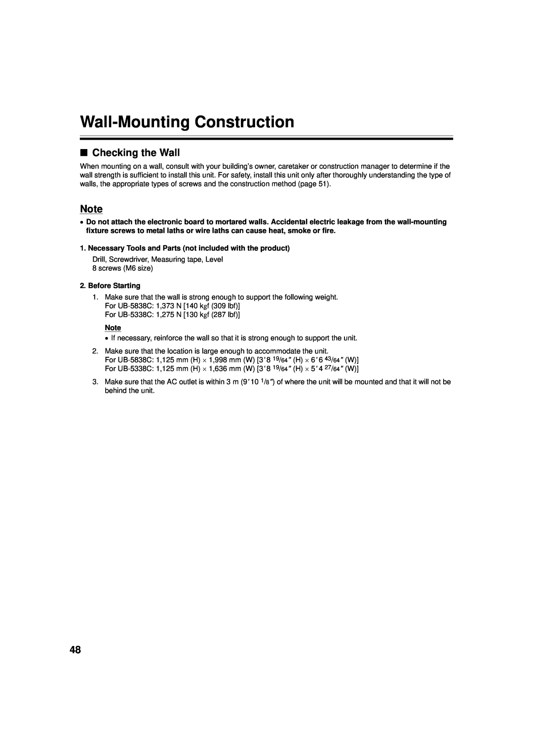 Panasonic UB-5838C Wall-Mounting Construction, Checking the Wall, Necessary Tools and Parts not included with the product 