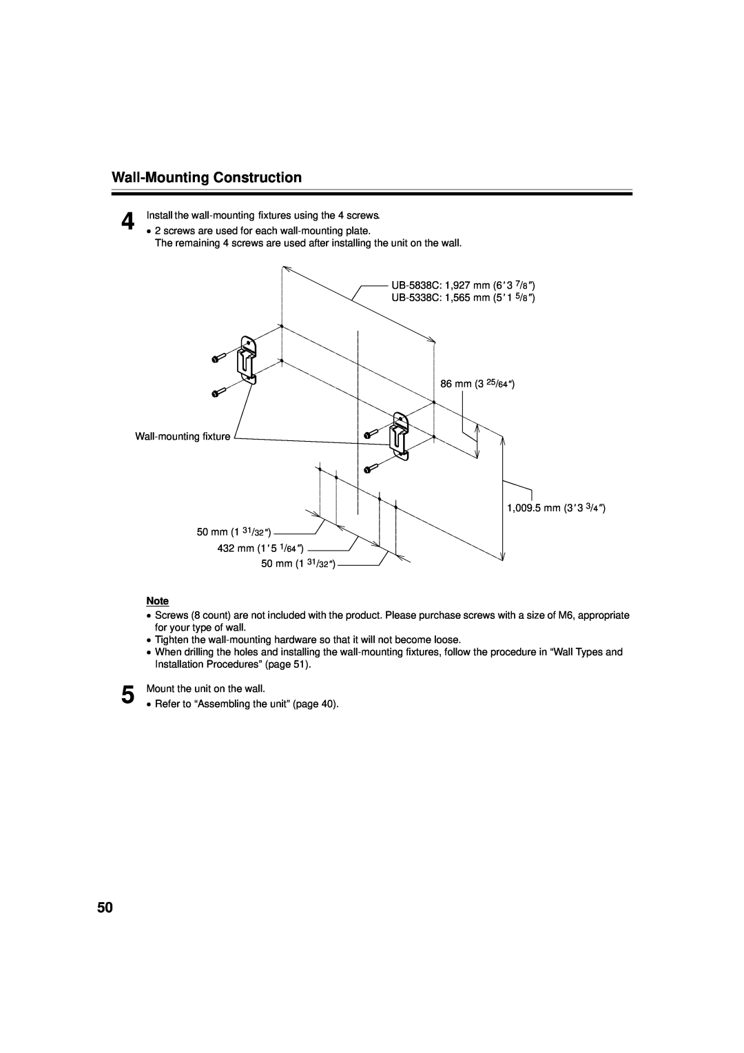 Panasonic UB-5838C, UB-5338C operating instructions Wall-Mounting Construction 