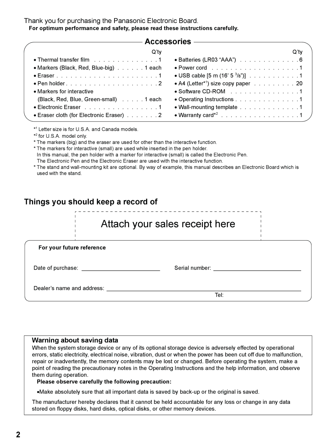 Panasonic UB-8325 operating instructions Accessories, Things you should keep a record, For your future reference 