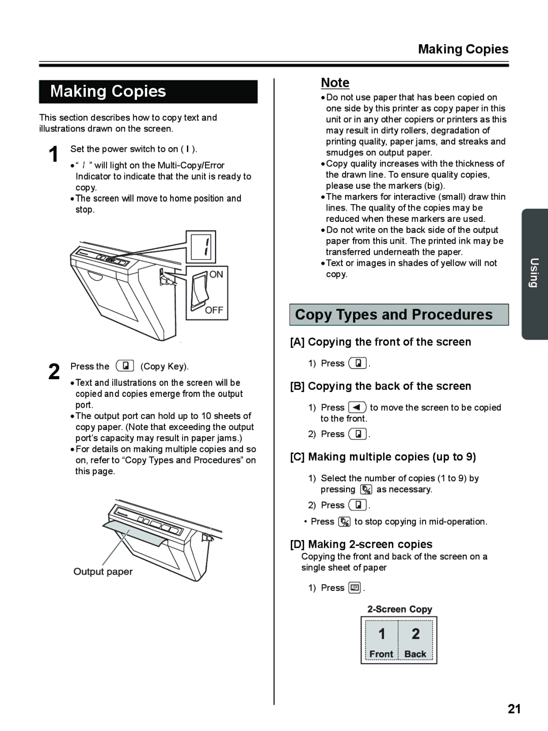 Panasonic UB-8325 operating instructions Making Copies, Copy Types and Procedures 