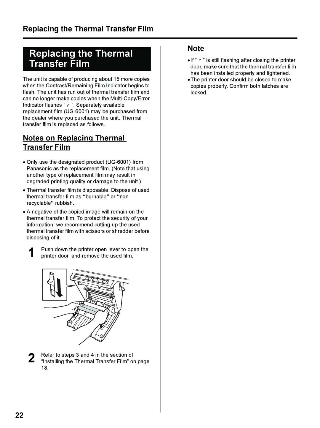 Panasonic UB-8325 operating instructions Replacing the Thermal Transfer Film 