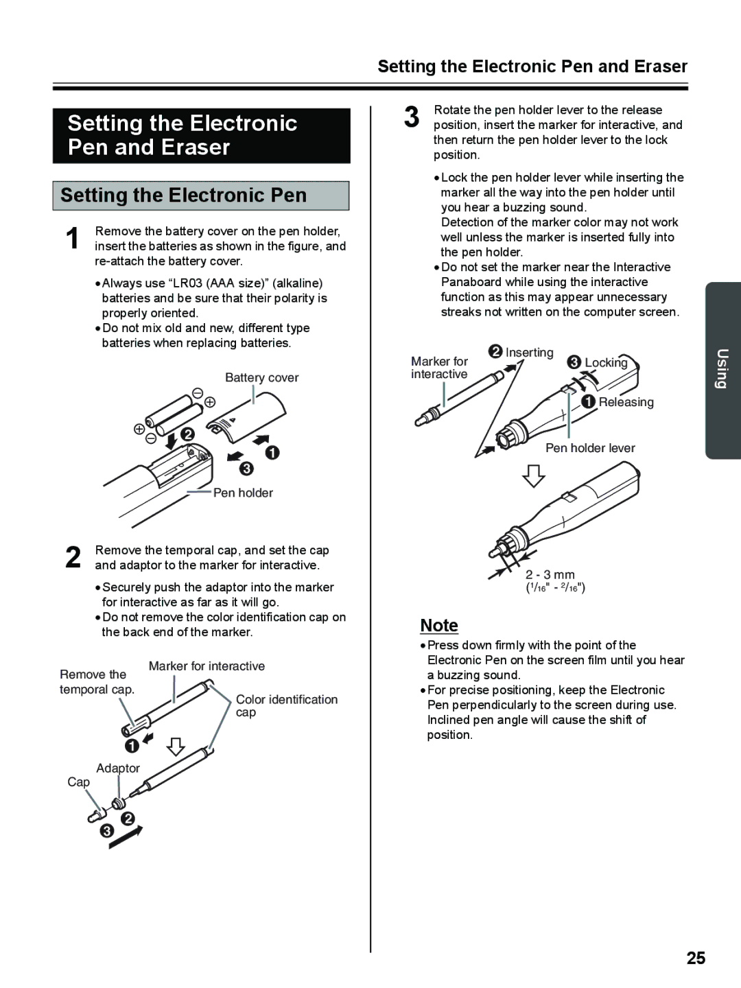 Panasonic UB-8325 operating instructions Setting the Electronic Pen and Eraser 