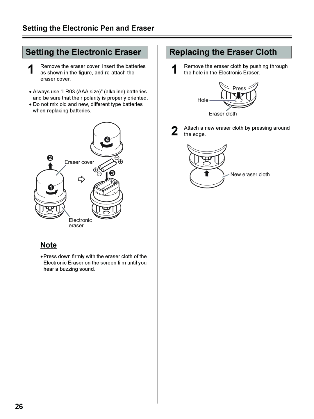 Panasonic UB-8325 operating instructions Setting the Electronic Eraser, Replacing the Eraser Cloth 