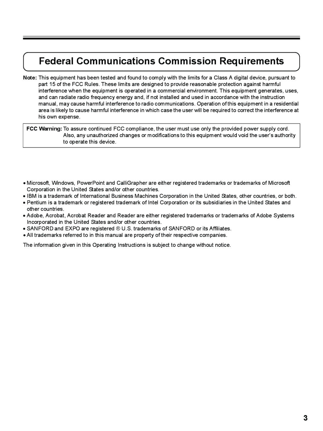 Panasonic UB-8325 operating instructions Federal Communications Commission Requirements 