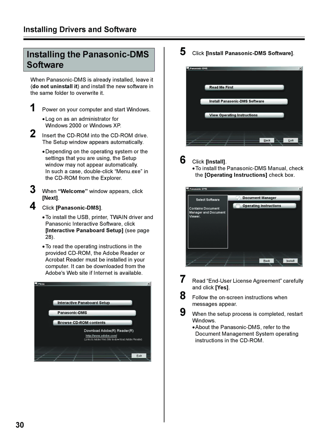Panasonic UB-8325 Installing the Panasonic-DMS Software, Click Panasonic-DMS, Click Install Panasonic-DMS Software 