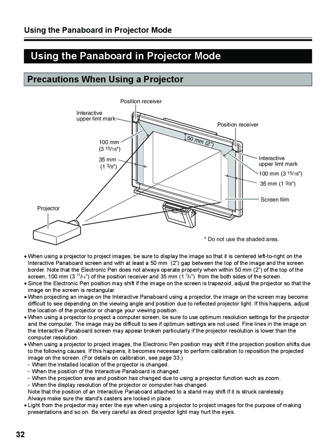 Panasonic UB-8325 operating instructions Using the Panaboard in Projector Mode, Precautions When Using a Projector 