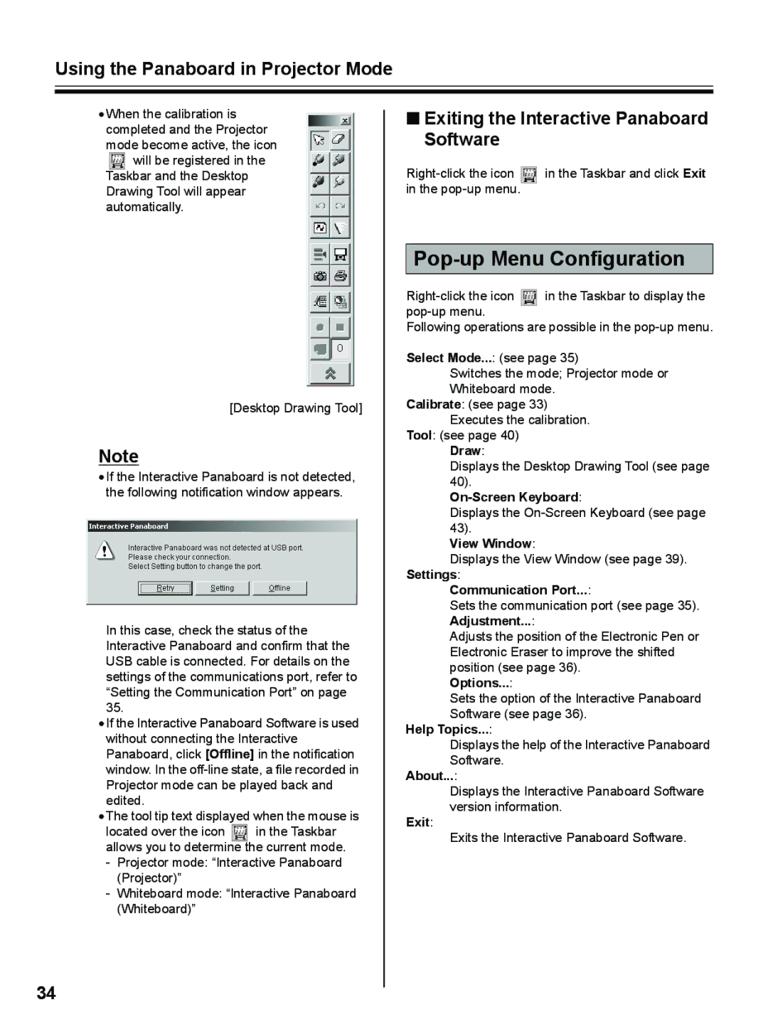 Panasonic UB-8325 operating instructions Pop-up Menu Configuration, Exiting the Interactive Panaboard Software 