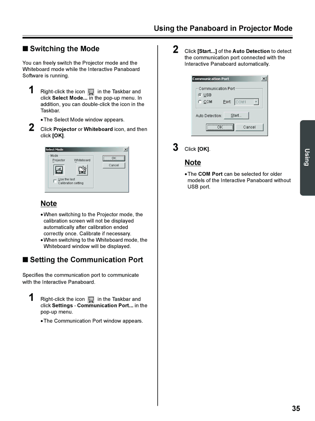 Panasonic UB-8325 Using the Panaboard in Projector Mode Switching the Mode, Setting the Communication Port 