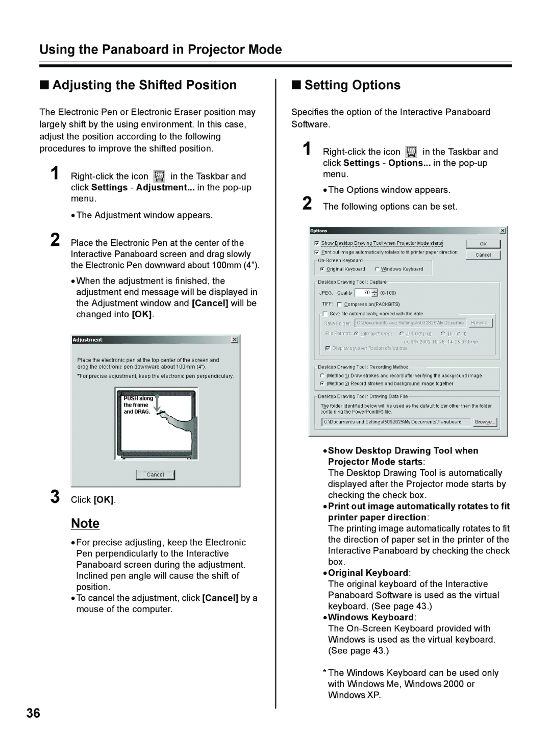 Panasonic UB-8325 Setting Options, Show Desktop Drawing Tool when Projector Mode starts, Original Keyboard 