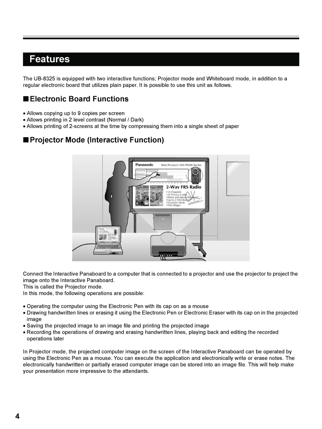 Panasonic UB-8325 operating instructions Features, Electronic Board Functions, Projector Mode Interactive Function 