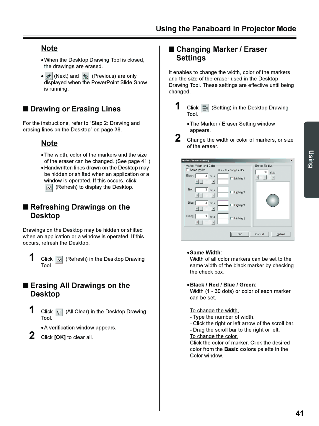 Panasonic UB-8325 Drawing or Erasing Lines, Refreshing Drawings on the Desktop, Erasing All Drawings on the Desktop 