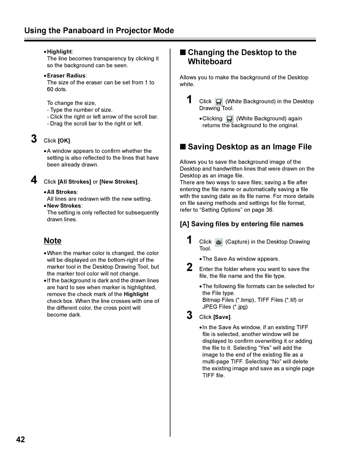 Panasonic UB-8325 operating instructions Changing the Desktop to the Whiteboard, Saving Desktop as an Image File 