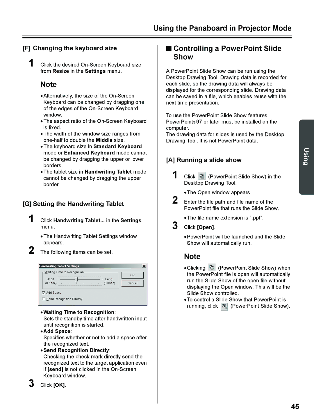 Panasonic UB-8325 Controlling a PowerPoint Slide Show, Changing the keyboard size, Setting the Handwriting Tablet 