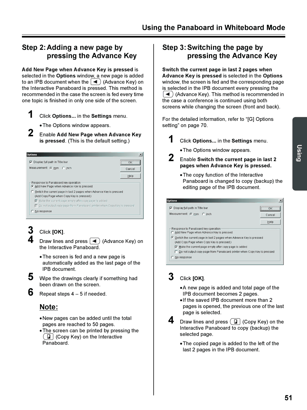 Panasonic UB-8325 operating instructions Click Options... in the Settings menu, Enable Add New Page when Advance Key 