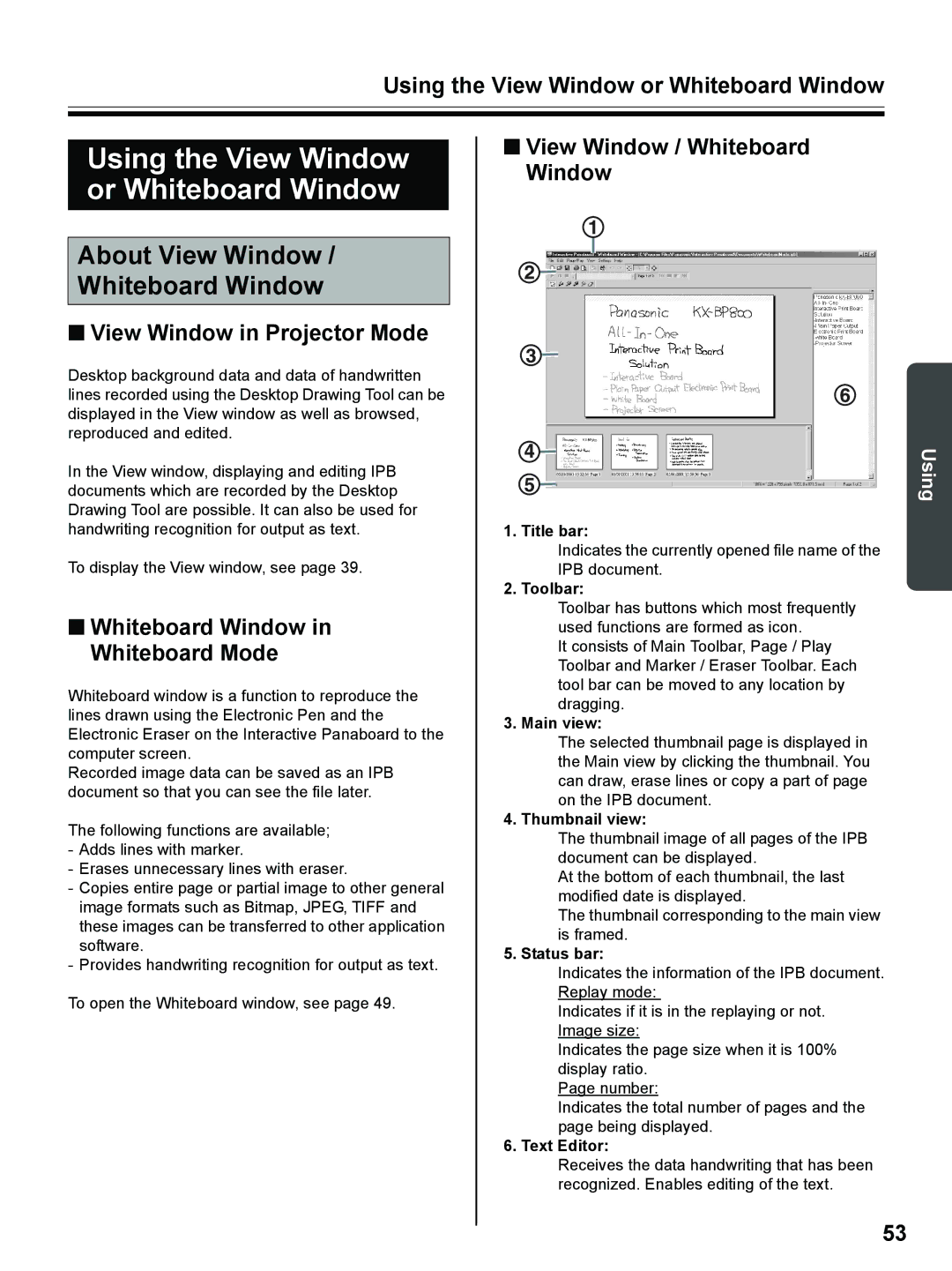 Panasonic UB-8325 operating instructions Using the View Window or Whiteboard Window, About View Window Whiteboard Window 