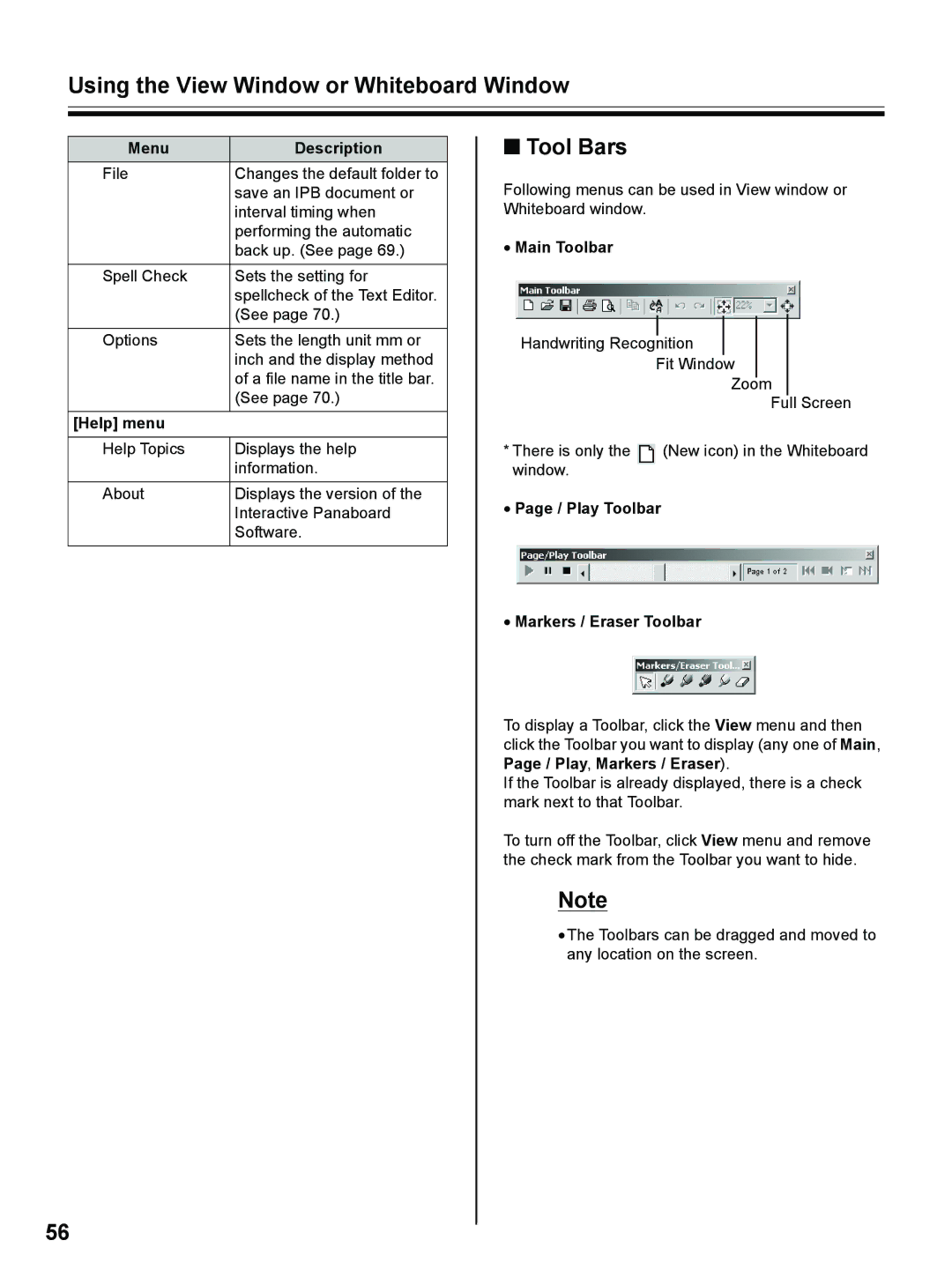 Panasonic UB-8325 operating instructions Tool Bars, Help menu, Main Toolbar, Play Toolbar Markers / Eraser Toolbar 