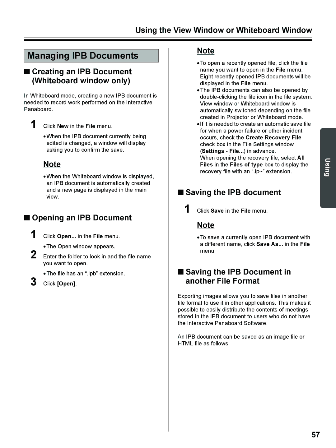 Panasonic UB-8325 operating instructions Managing IPB Documents, Opening an IPB Document, Saving the IPB document 