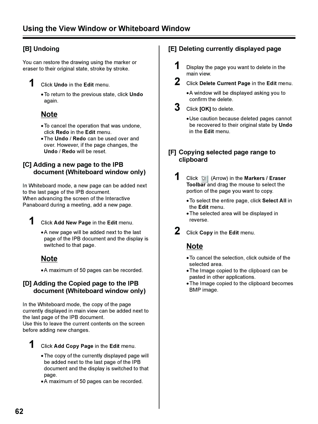 Panasonic UB-8325 operating instructions Undoing, Deleting currently displayed, Copying selected page range to clipboard 