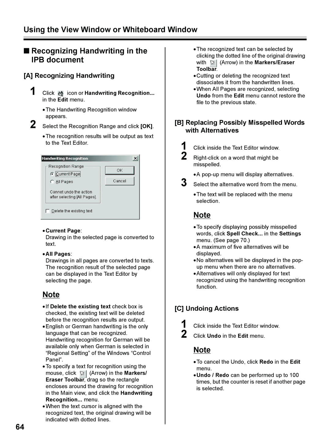 Panasonic UB-8325 Recognizing Handwriting, Replacing Possibly Misspelled Words with Alternatives, Undoing Actions 