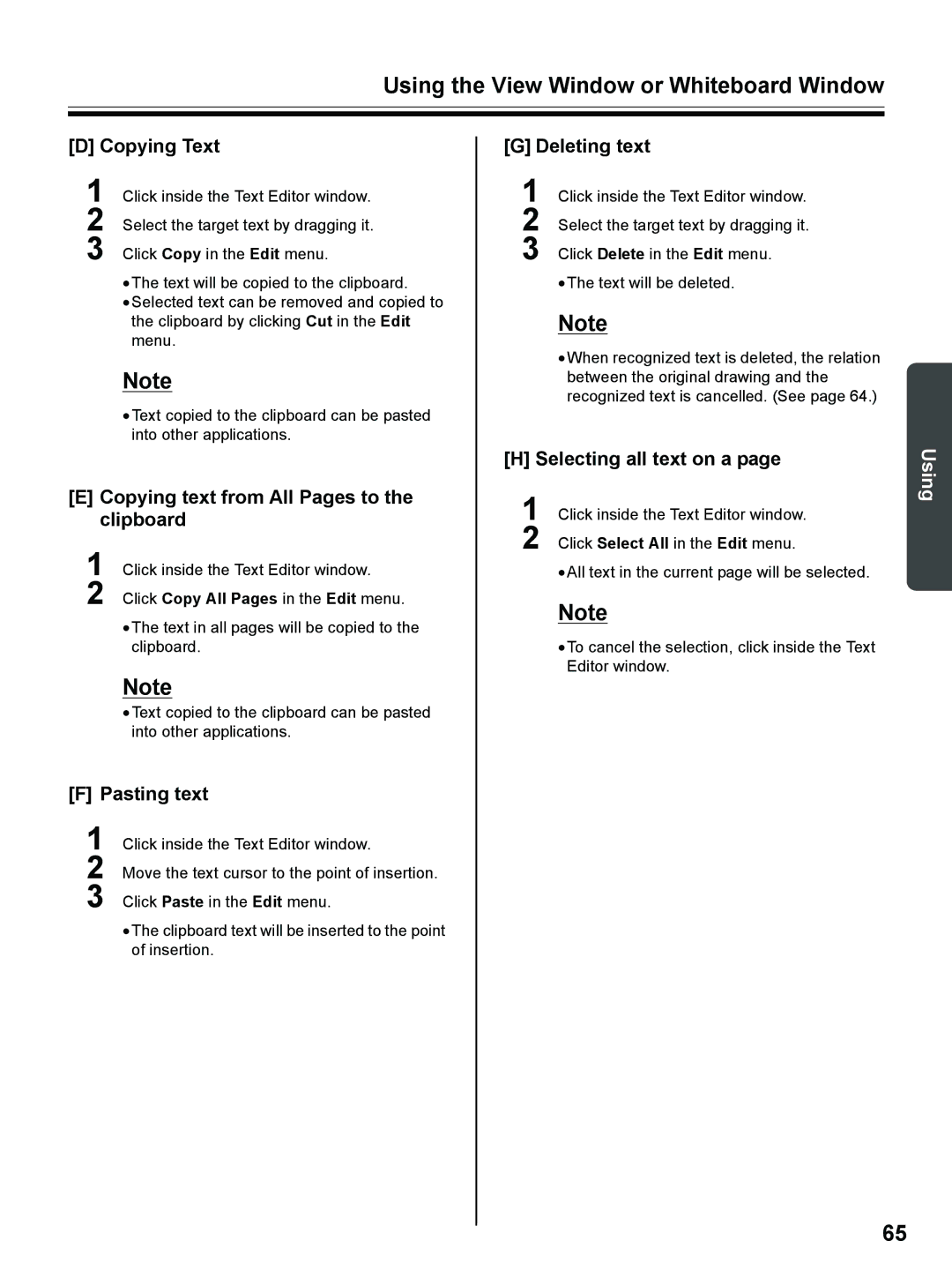 Panasonic UB-8325 Copying Text, Copying text from All Pages to the clipboard, Pasting text, Deleting text 