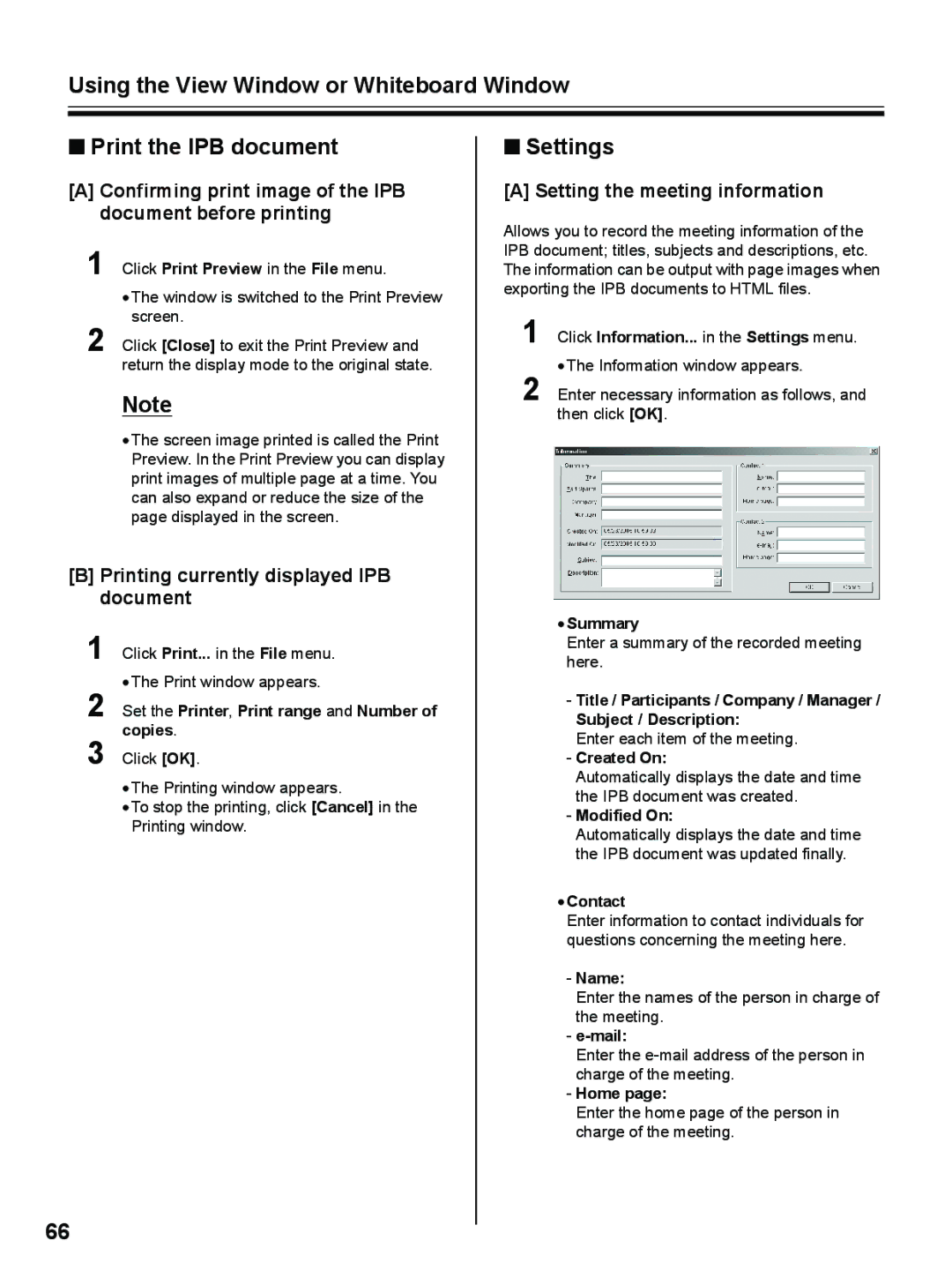 Panasonic UB-8325 Settings, Confirming print image of the IPB document before printing, Setting the meeting information 