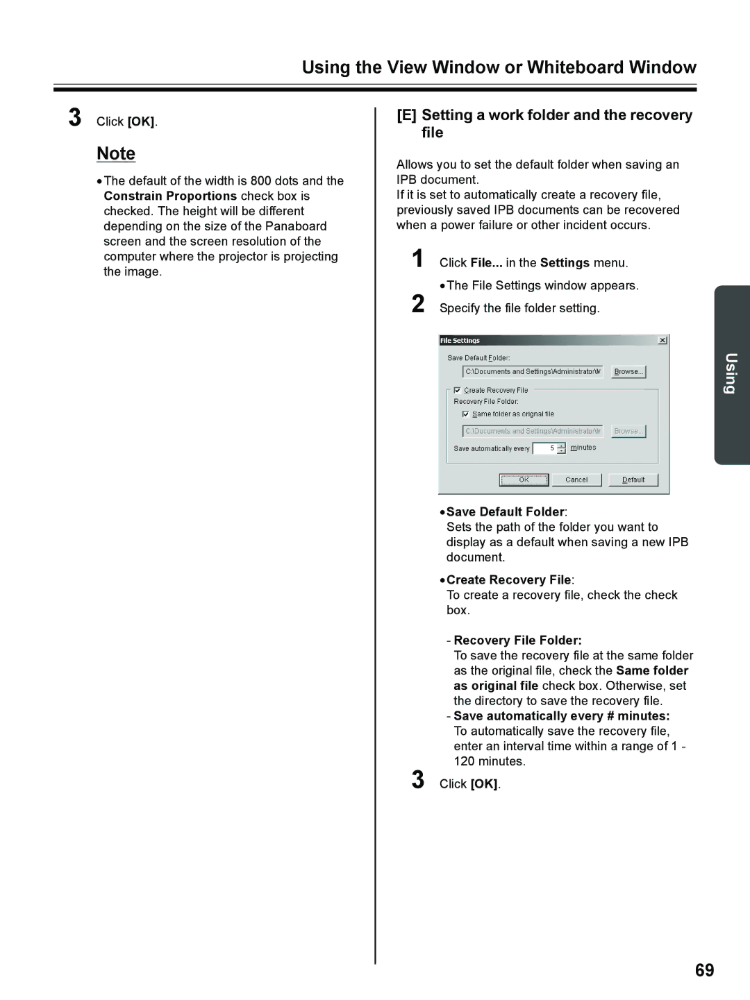 Panasonic UB-8325 Setting a work folder and the recovery, Save Default Folder, Create Recovery File 