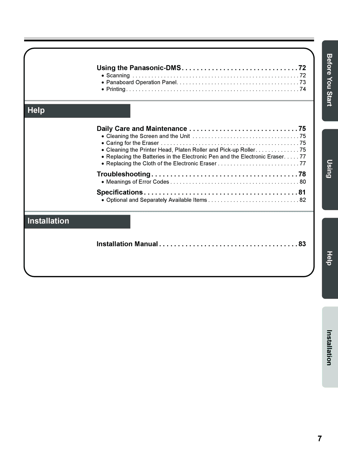 Panasonic UB-8325 Using the Panasonic-DMS, Daily Care and Maintenance, Troubleshooting, Specifications, Installation 