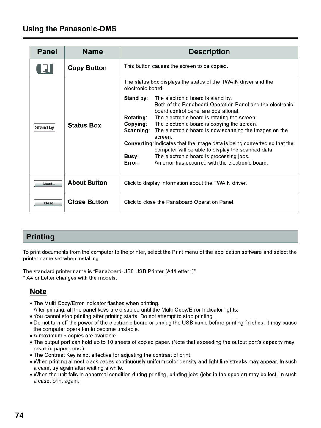 Panasonic UB-8325 operating instructions Using the Panasonic-DMS Panel Name Description, Printing 