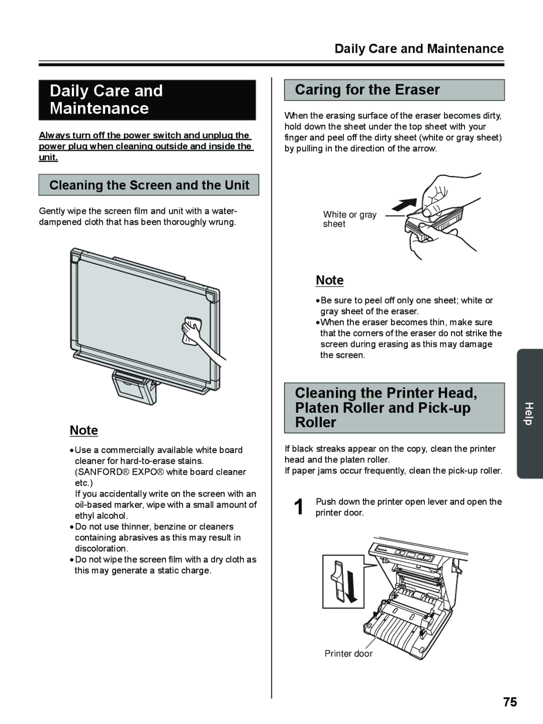 Panasonic UB-8325 Daily Care Maintenance, Caring for the Eraser, Cleaning the Printer Head, Platen Roller and Pick-up 