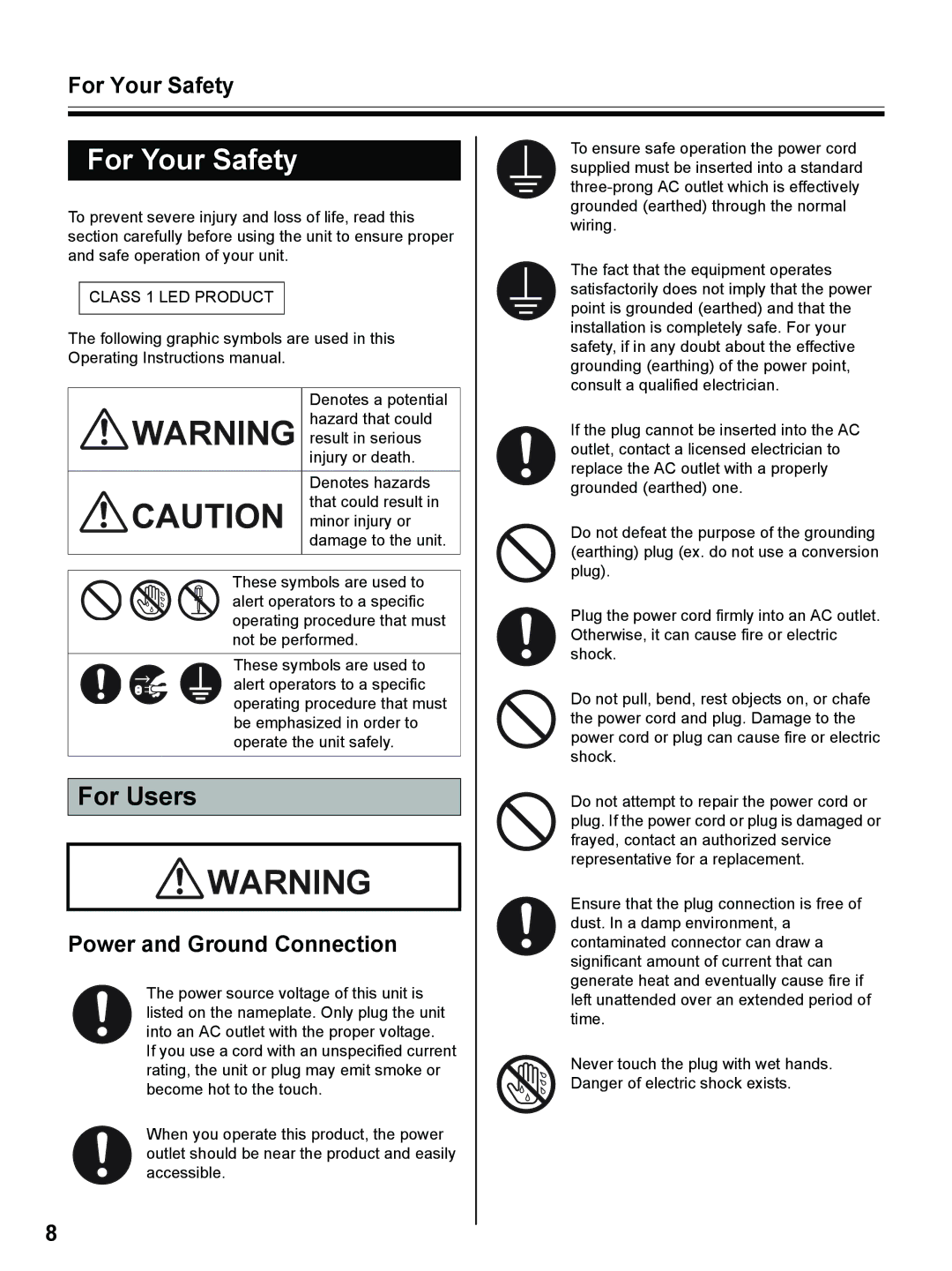 Panasonic UB-8325 operating instructions For Your Safety, For Users, Power and Ground Connection 