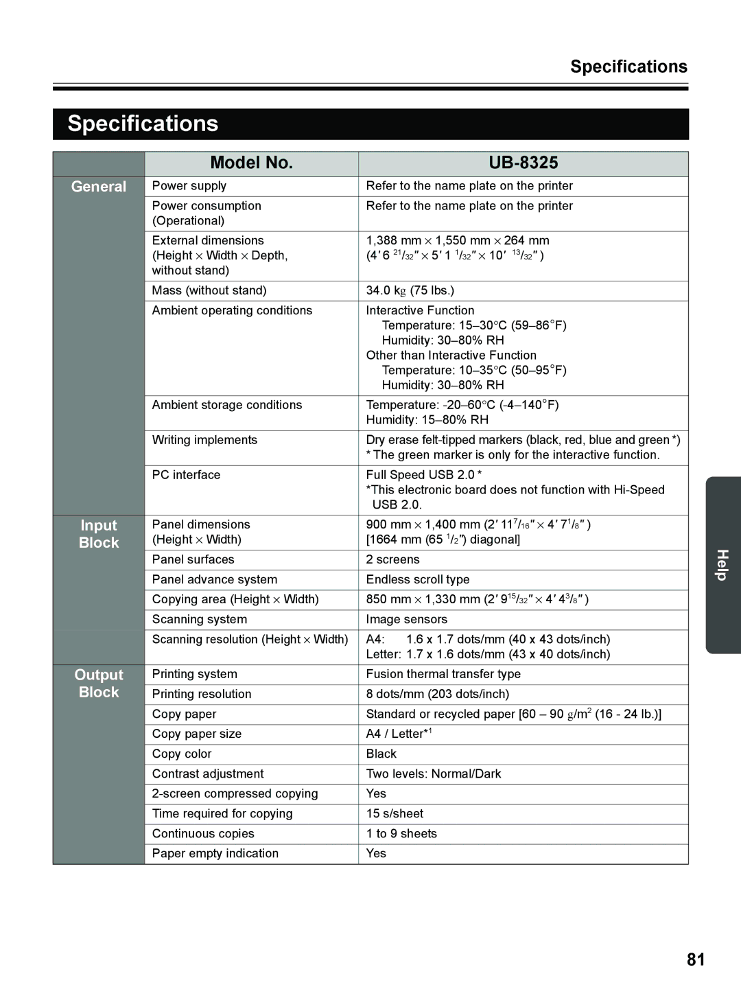 Panasonic operating instructions Specifications, Model No UB-8325 