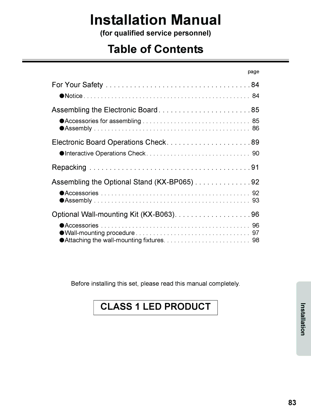 Panasonic UB-8325 operating instructions Installation Manual, For qualified service personnel 