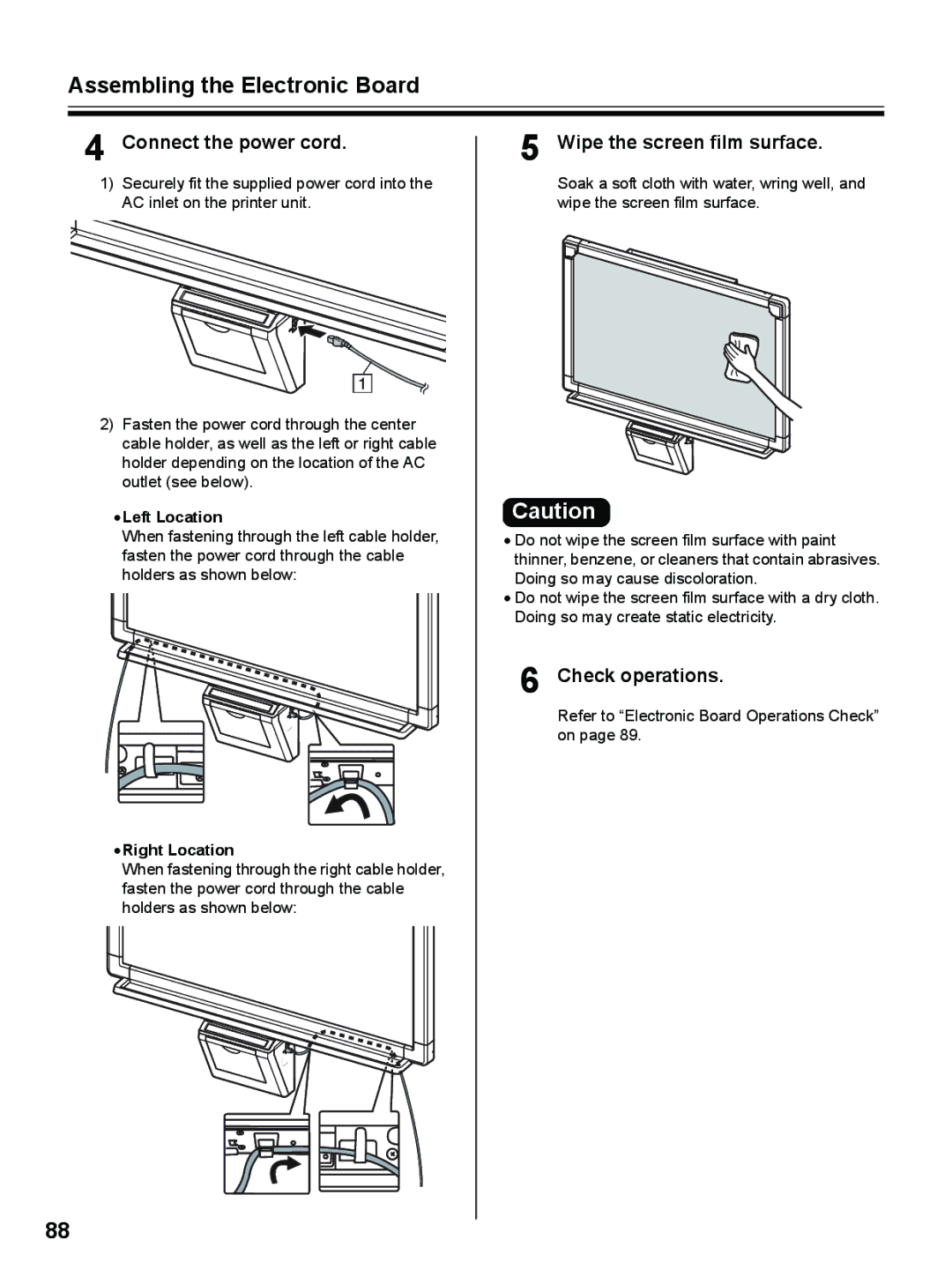 Panasonic UB-8325 Connect the power cord, Wipe the screen film surface, Check operations, Left Location, Right Location 