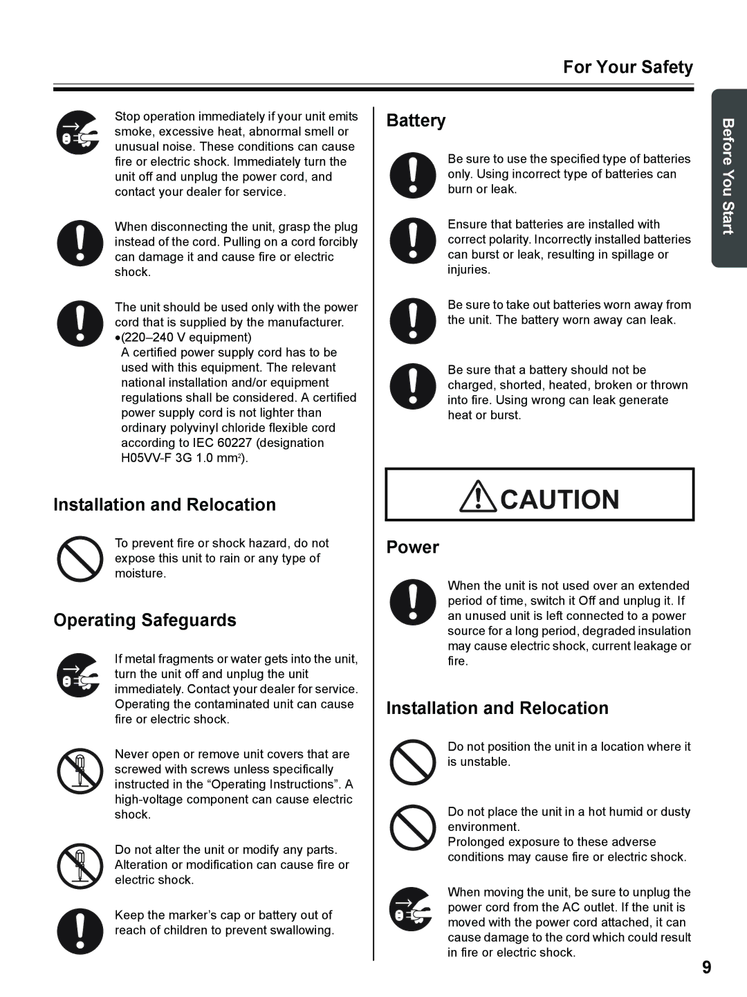 Panasonic UB-8325 operating instructions Battery, Installation and Relocation, Power, Operating Safeguards 